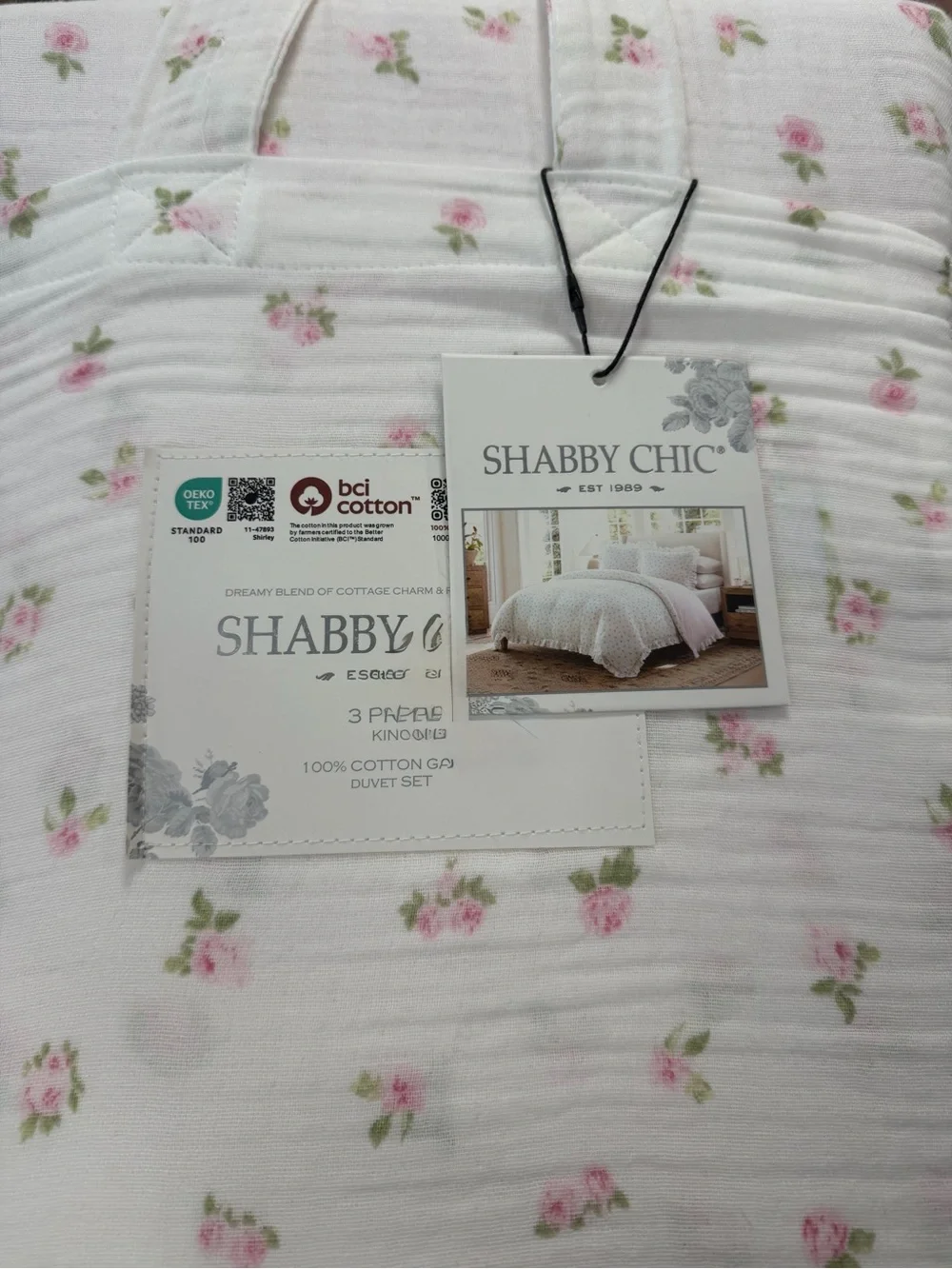 Shabby Chic Pink 3 PC King Gauze Duvet Set Pink Rose with Ruffles ~ Matching Bag - Picture 6 of 16